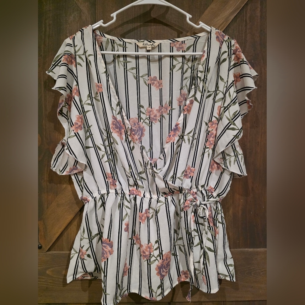 Hint Of Blush Black and White Striped Floral Babydoll Blouse Size XL